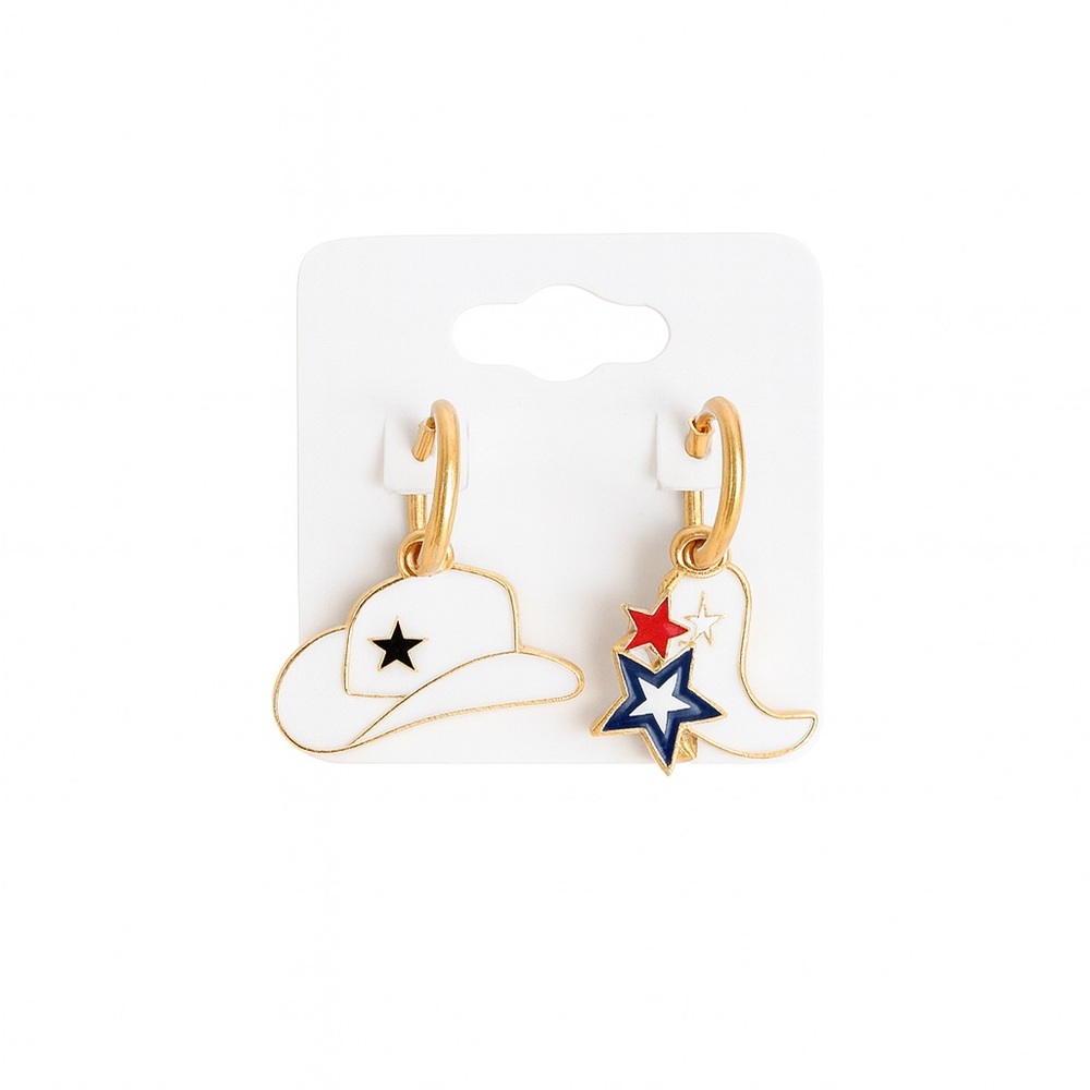 Gold Star and Hat Earrings with Red and Blue Accents
